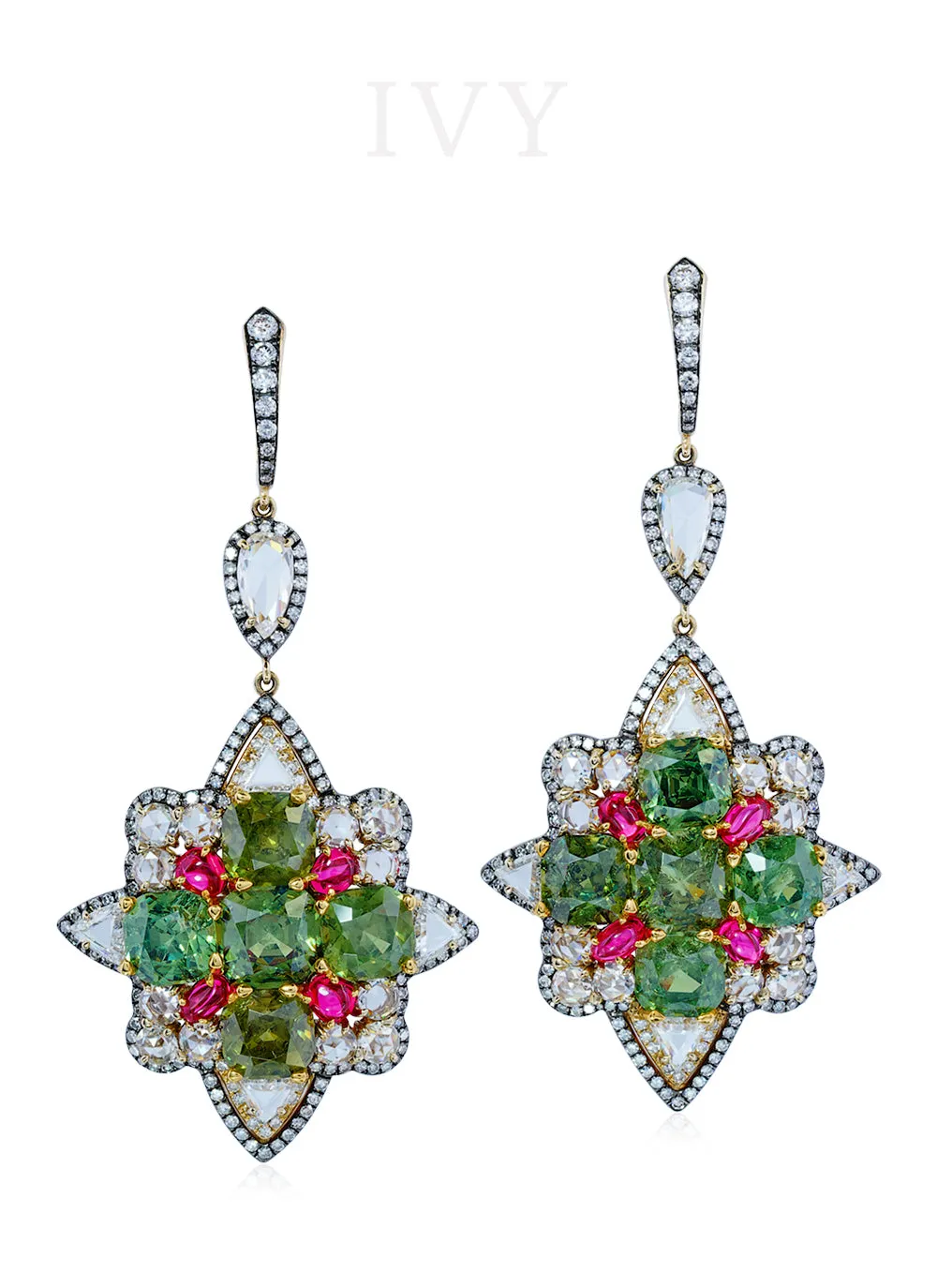 Demantoid, Spinel and Diamond Earrings