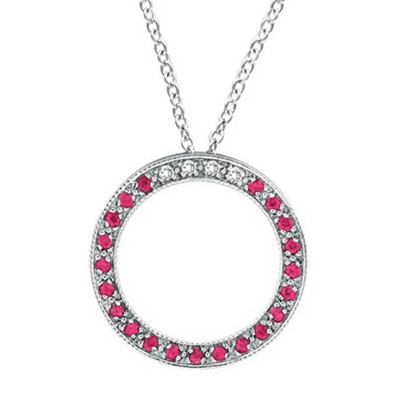Diamond & Rose Sapphire Circle Pendant Necklace 14K White  Gold (0.25 Ctw)
