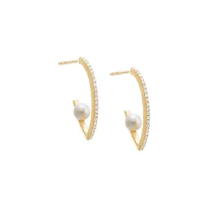 Diamond Pave Elongated Open Pearl Hoop Earring 14K