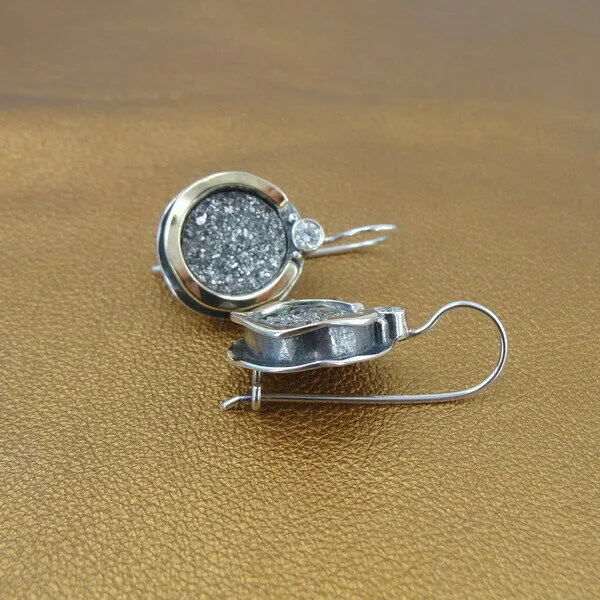 Druzy Zircon Earrings 9k Yellow Gold 925 Silver Handmade Hadar Designers ()y