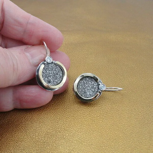Druzy Zircon Earrings 9k Yellow Gold 925 Silver Handmade Hadar Designers ()y
