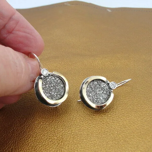 Druzy Zircon Earrings 9k Yellow Gold 925 Silver Handmade Hadar Designers ()y
