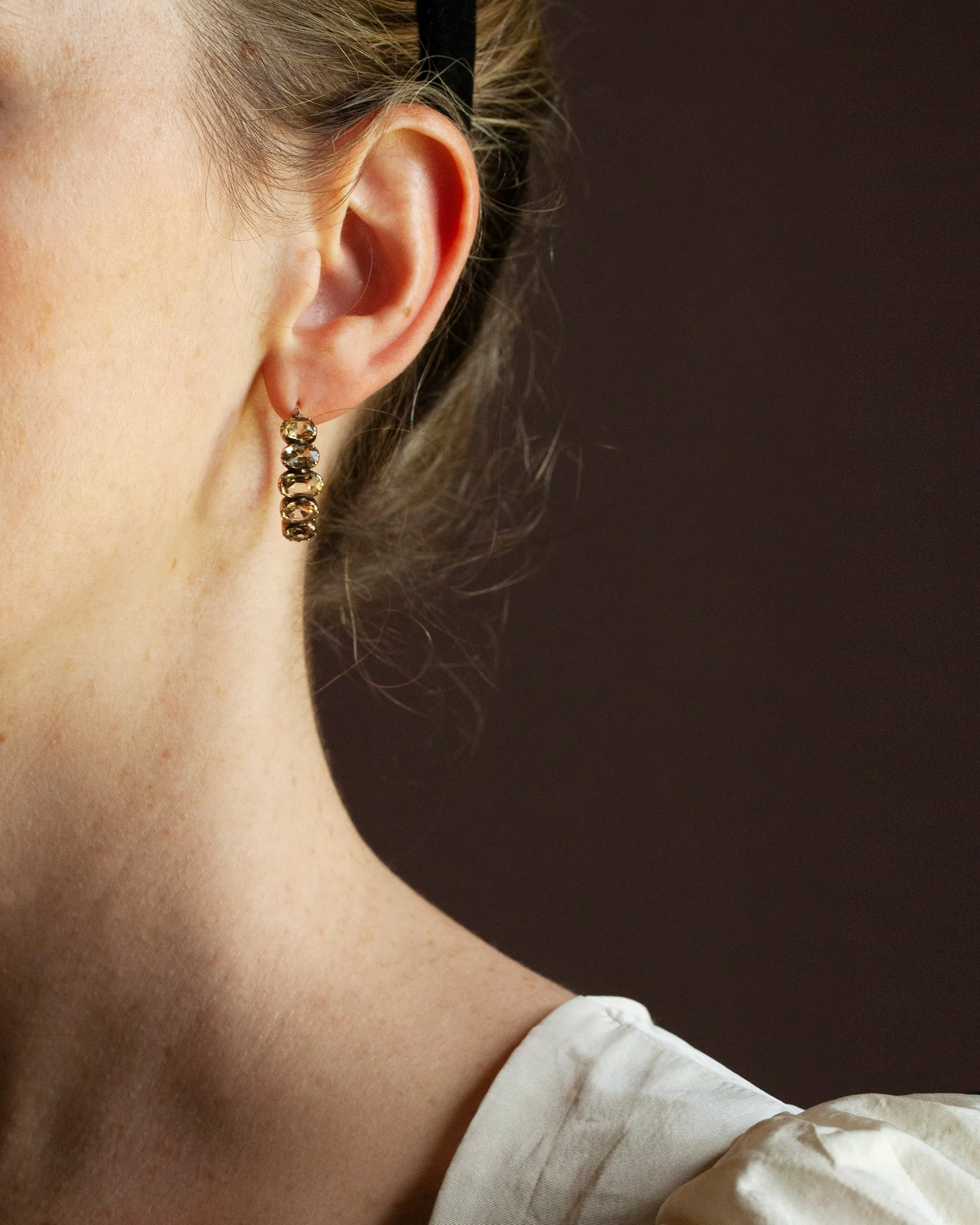 Early 19th Century Elongated Gold Hoop Earrings with Topaz