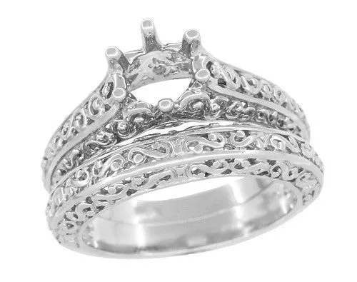 Edwardian Filigree Flowing Scrolls Wedding Ring in White Gold