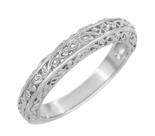 Edwardian Filigree Flowing Scrolls Wedding Ring in White Gold