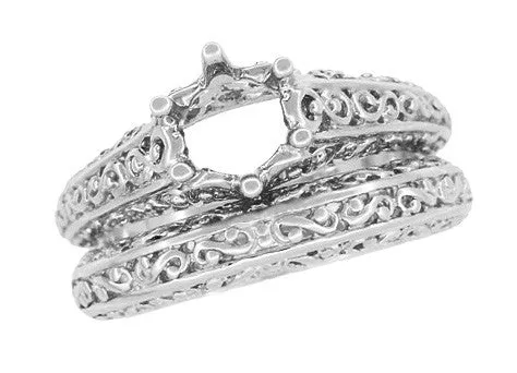 Edwardian Filigree Flowing Scrolls Wedding Ring in White Gold
