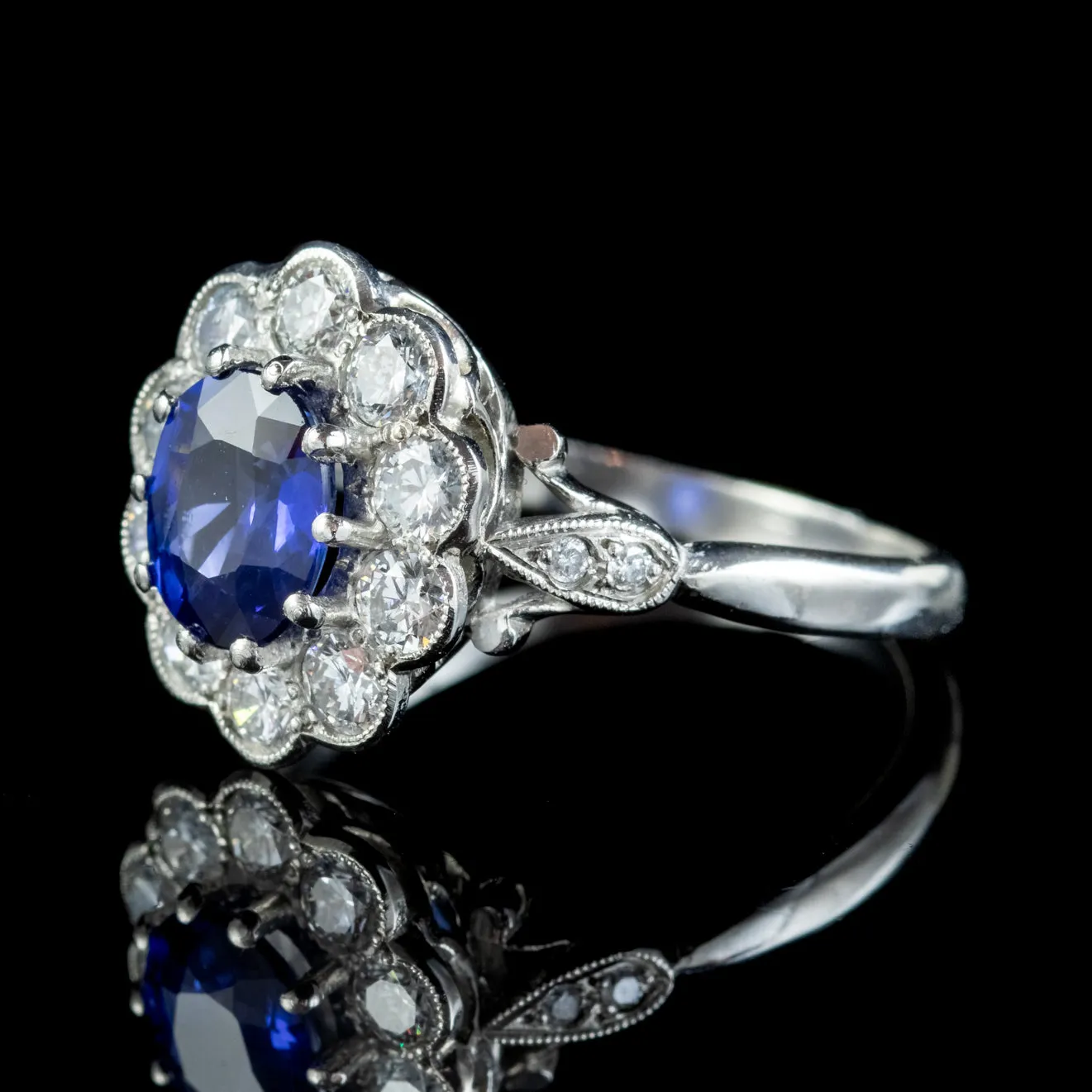 Edwardian Style Sapphire Diamond Cluster Ring Platinum 1.40ct Sapphire