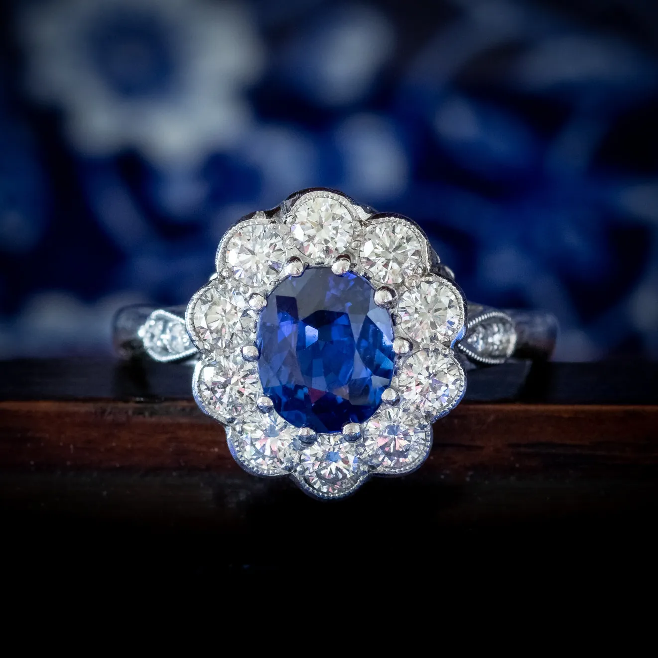Edwardian Style Sapphire Diamond Cluster Ring Platinum 1.40ct Sapphire