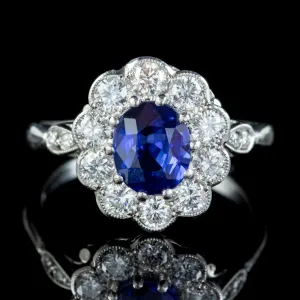 Edwardian Style Sapphire Diamond Cluster Ring Platinum 1.40ct Sapphire