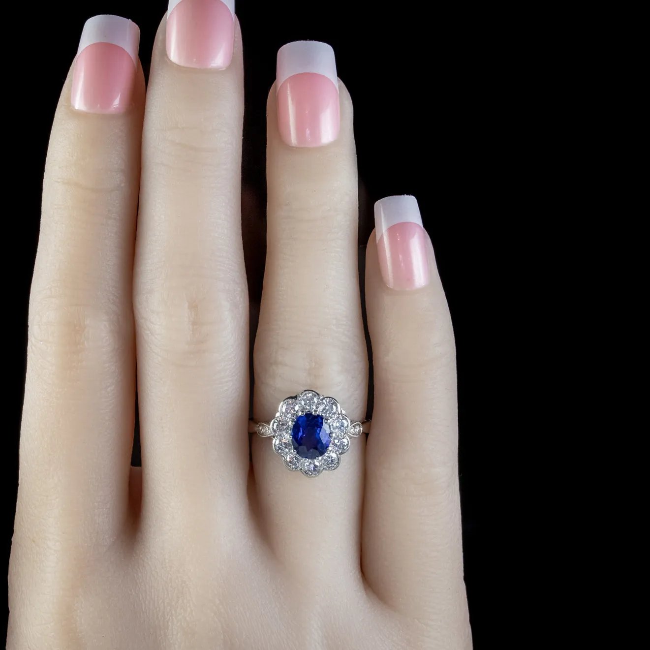 Edwardian Style Sapphire Diamond Cluster Ring Platinum 1.40ct Sapphire