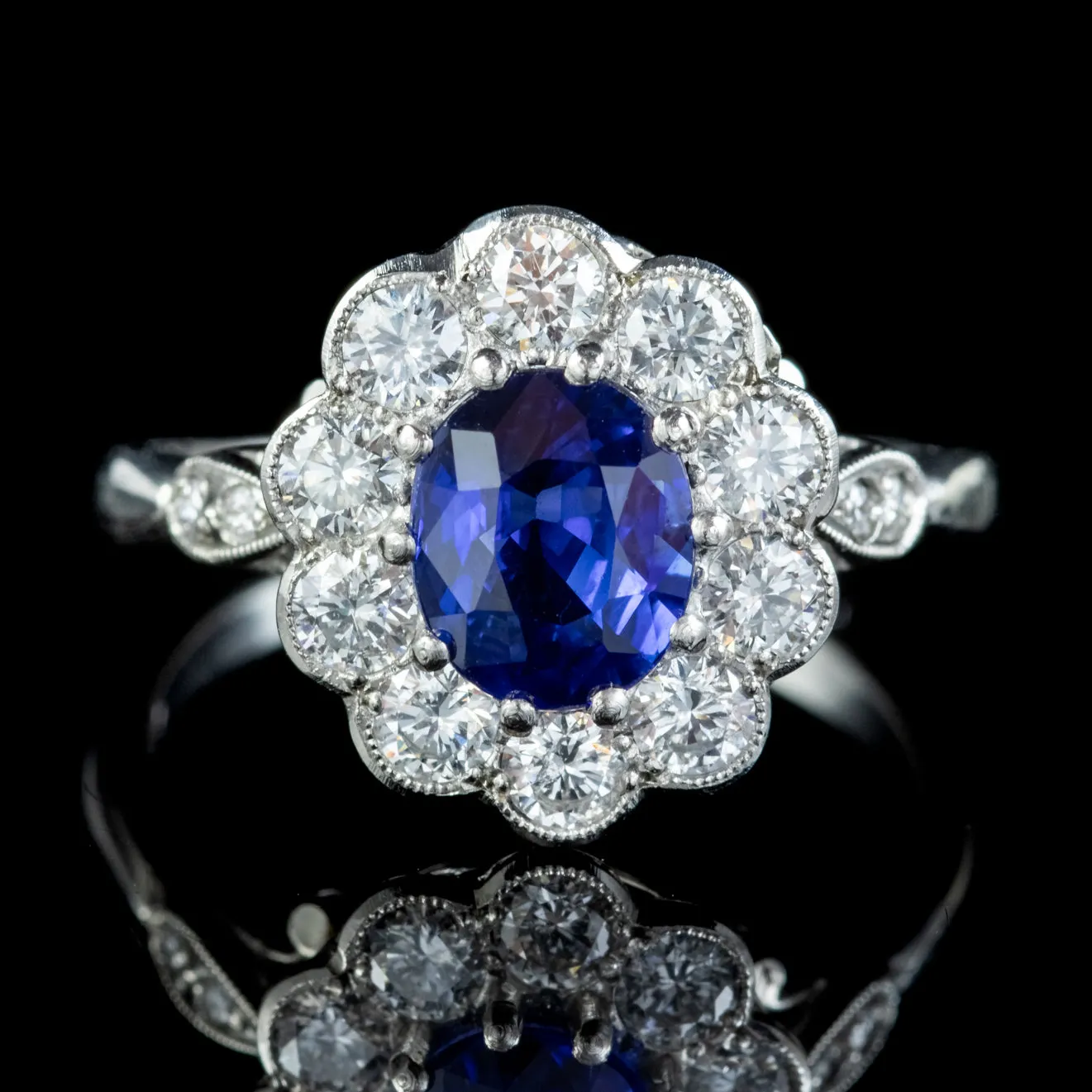 Edwardian Style Sapphire Diamond Cluster Ring Platinum 1.40ct Sapphire