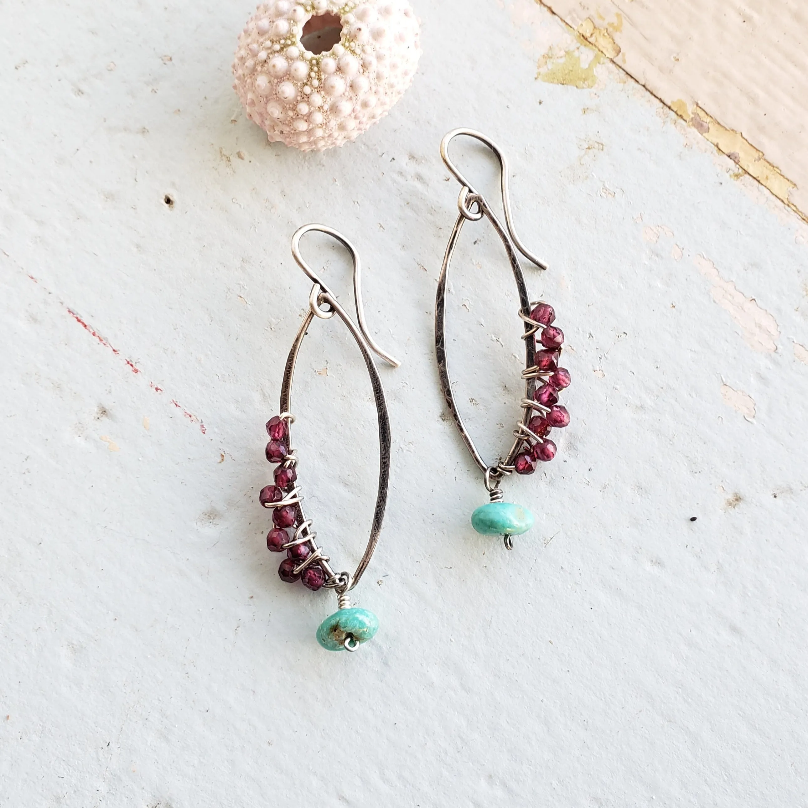 Enchanted Garnet  turquoise, silver earrings