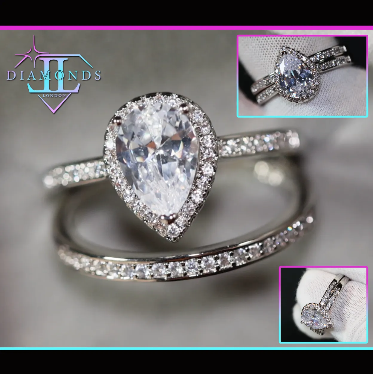 Engagement Ring Set | Womens Wedding Ring Set | Pear Cut Diamond Ring | Teardrop Ring | Womens Diamond Wedding Ring Set | Womens Wedding Ring