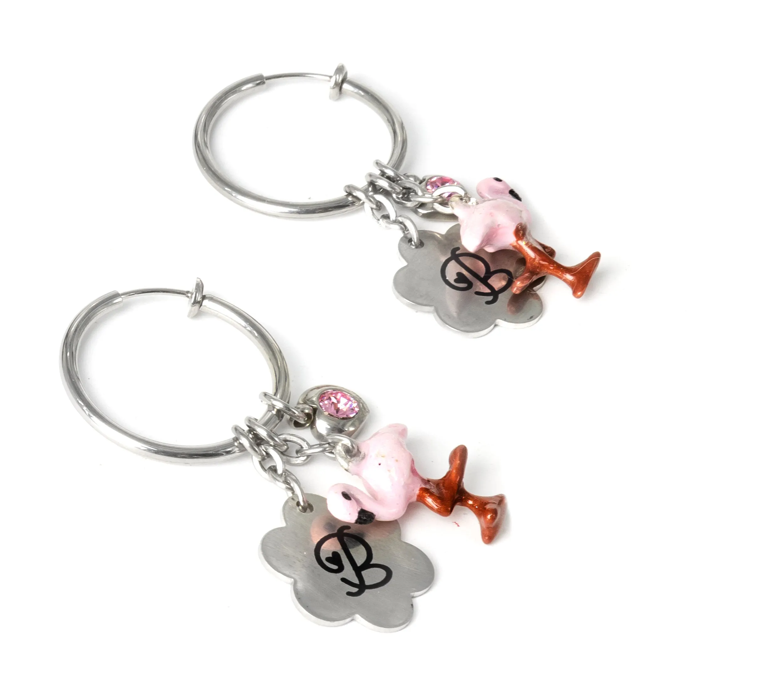 Engraved Hoop Earrings with Flamingo Charms