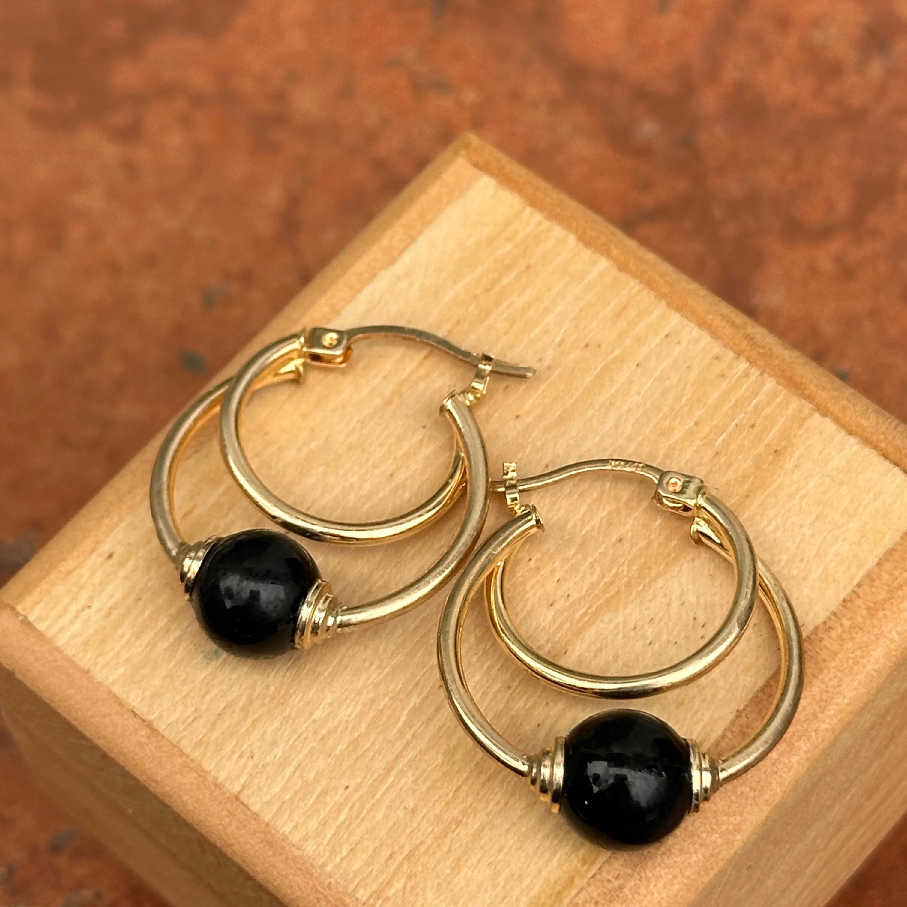 Estate 10KT Yellow Gold Onyx Ball Hoop Earrings