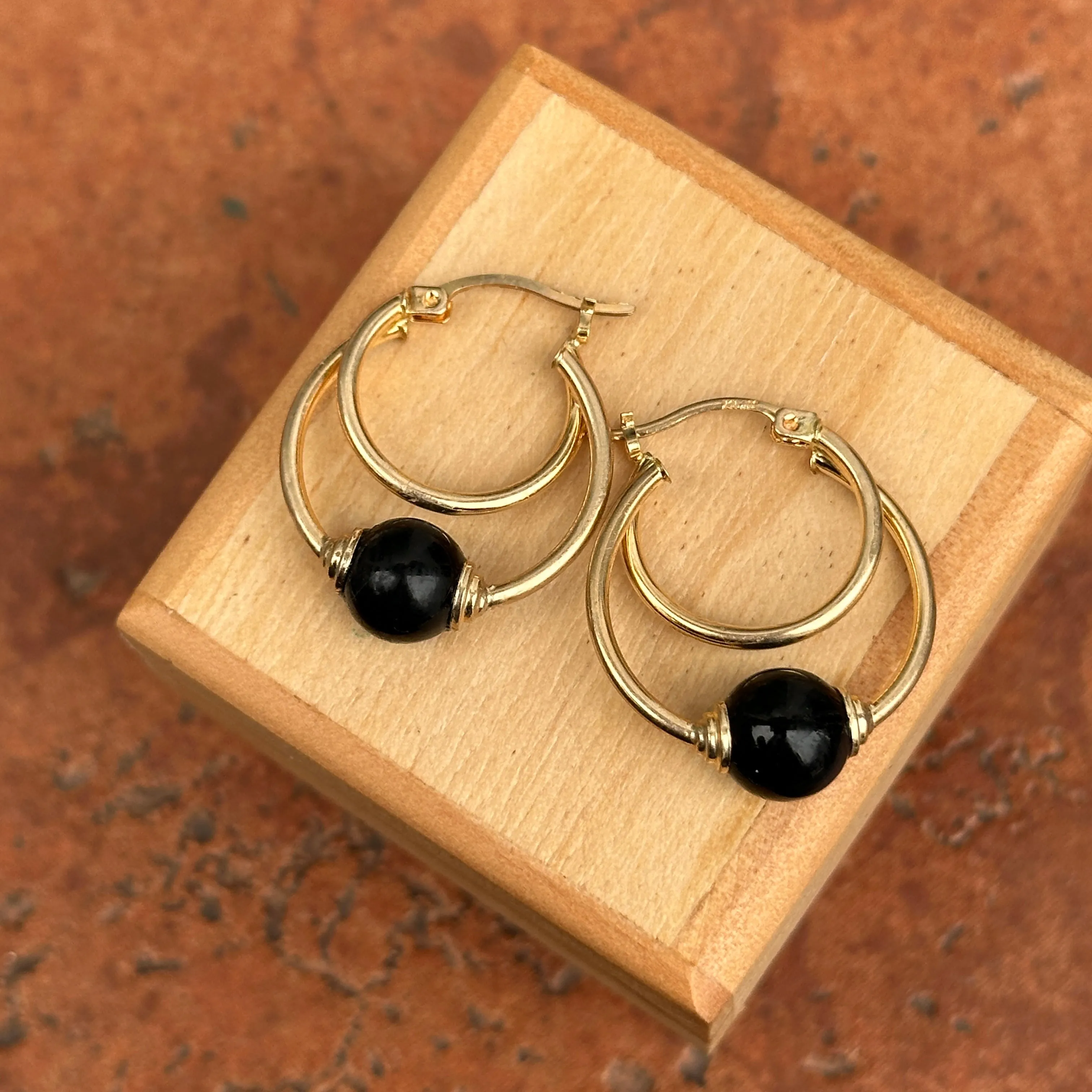 Estate 10KT Yellow Gold Onyx Ball Hoop Earrings