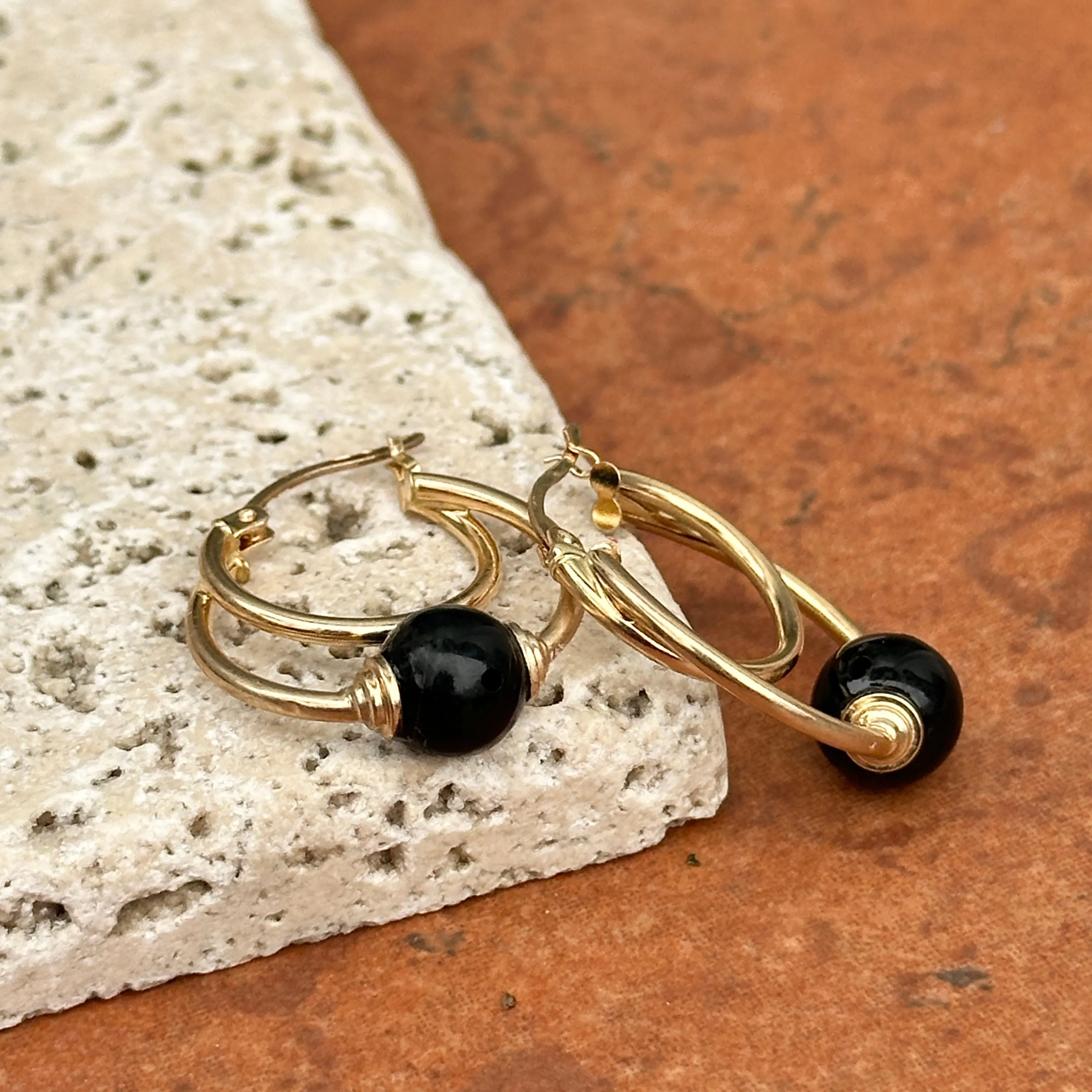 Estate 10KT Yellow Gold Onyx Ball Hoop Earrings