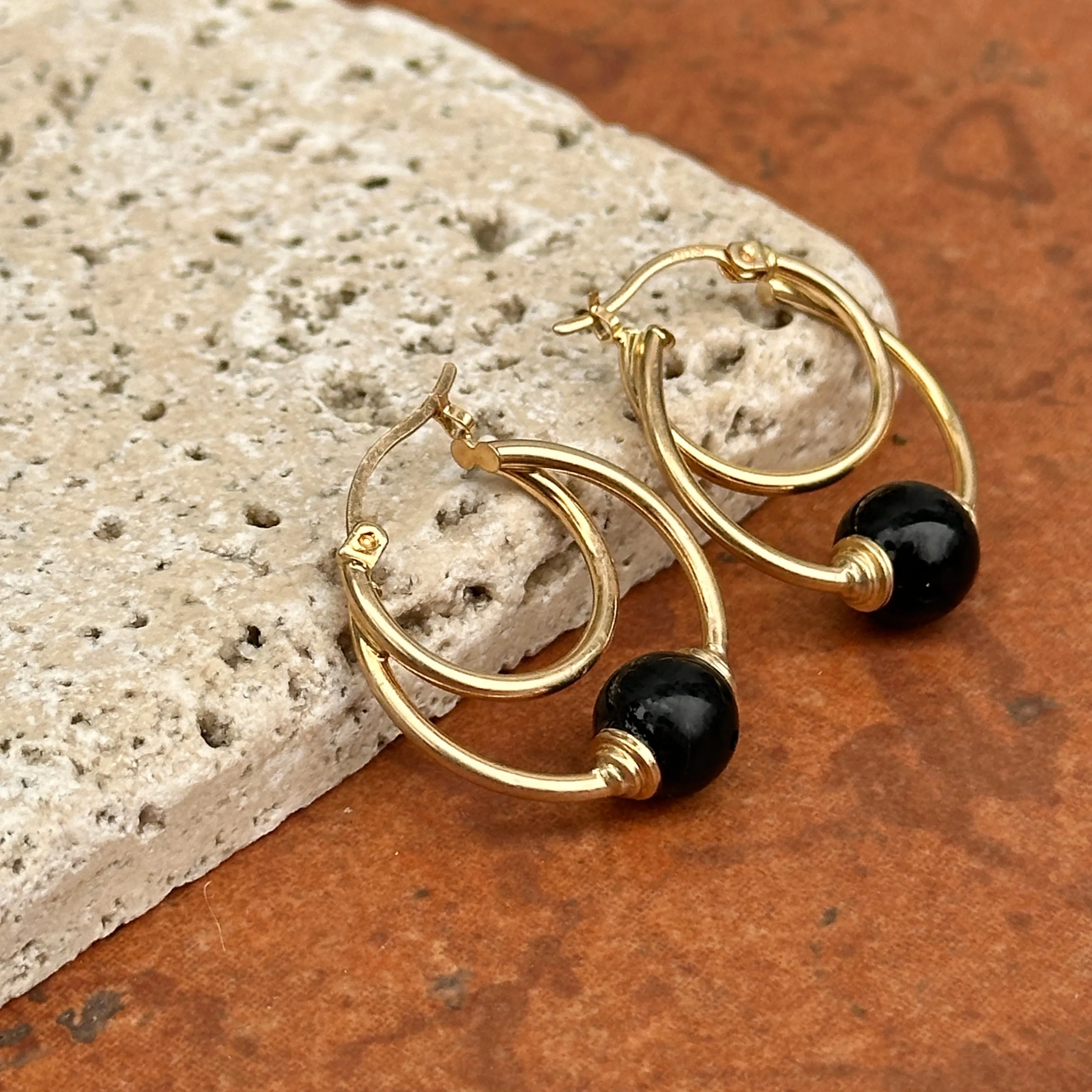 Estate 10KT Yellow Gold Onyx Ball Hoop Earrings