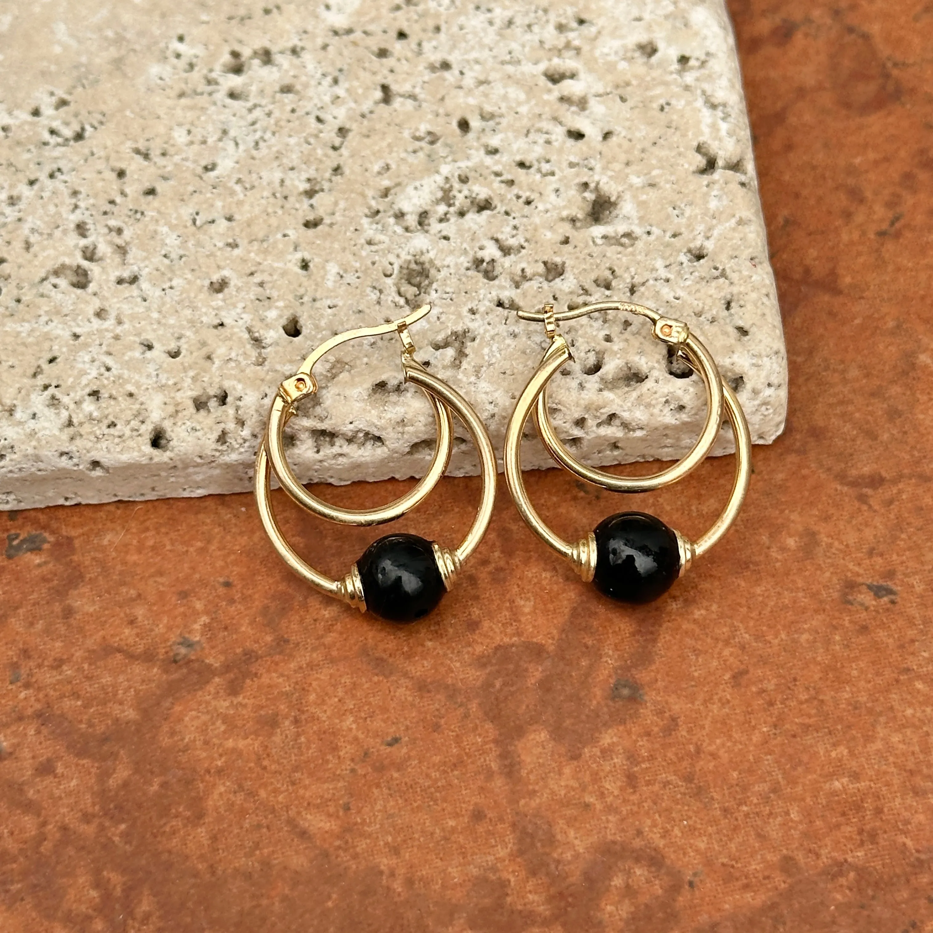 Estate 10KT Yellow Gold Onyx Ball Hoop Earrings