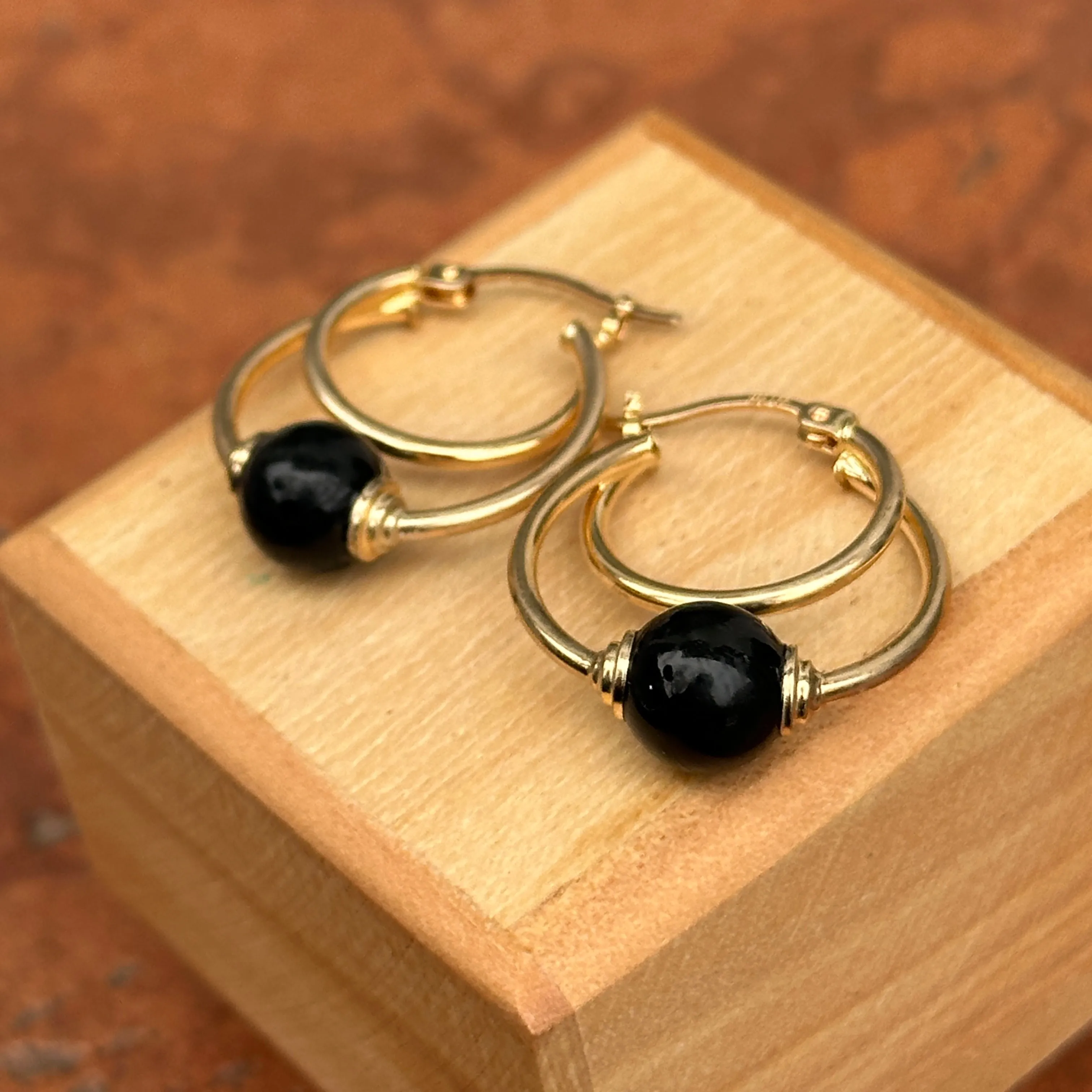 Estate 10KT Yellow Gold Onyx Ball Hoop Earrings