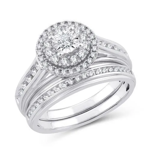 EternalDia 0.50 Ct.Wt. Round Diamond Double Halo Bridal Ring Set 10K White Gold (IJ/I2-I3)