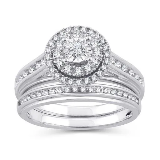 EternalDia 0.50 Ct.Wt. Round Diamond Double Halo Bridal Ring Set 10K White Gold (IJ/I2-I3)
