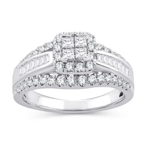 EternalDia 1 Cttw Princess & Bagutte Shape Three Row Diamond Engagement Ring In 10kt White Gold (IJ/I2I3)