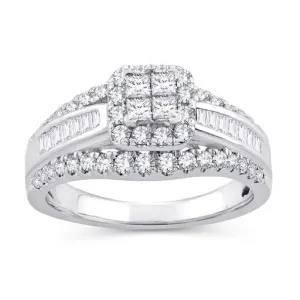 EternalDia 1 Cttw Princess & Bagutte Shape Three Row Diamond Engagement Ring In 10kt White Gold (IJ/I2I3)