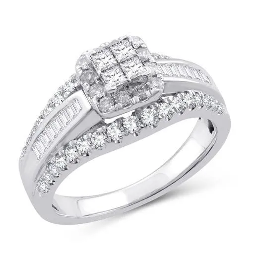 EternalDia 1 Cttw Princess & Bagutte Shape Three Row Diamond Engagement Ring In 10kt White Gold (IJ/I2I3)