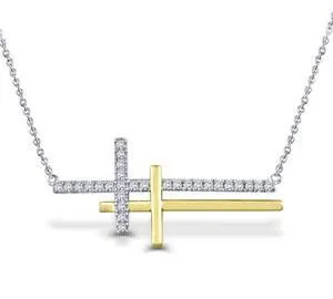 EternalDia 10K Two-Tone Solid Gold 1/5 Cttw Diamond Sideways Double Cross Pendant Necklace