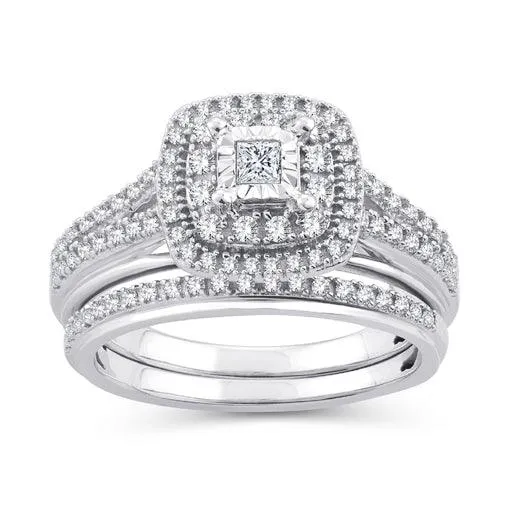 EternalDia 10K White Gold Princess Cut Diamond Halo Bridal Set Ring (0.50cttw,I2-I3/IJ)