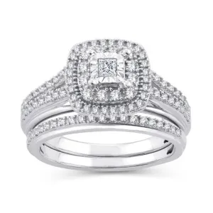 EternalDia 10K White Gold Princess Cut Diamond Halo Bridal Set Ring (0.50cttw,I2-I3/IJ)