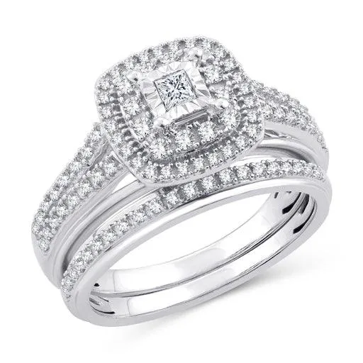 EternalDia 10K White Gold Princess Cut Diamond Halo Bridal Set Ring (0.50cttw,I2-I3/IJ)