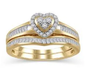 EternalDia 1/3 Cttw Round and Baguette Diamond Heart Shape Engagement Bridal Set in 10K Yellow Gold (IJ/I3)