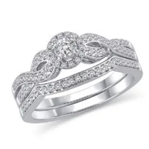 EternalDia 14K White Gold Round Shape 3/8 Cttw Diamond Frame Twist Engagement Bridal Ring Set (HI/I2)