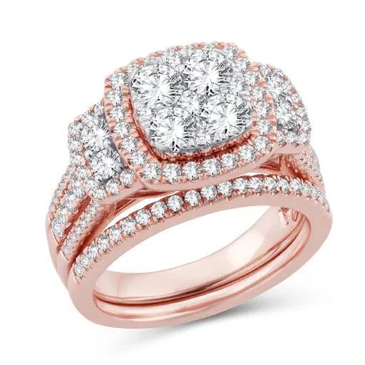 EternalDia 2.00 CT WT Diamond Cluster Cushion Halo Bridal Set 14kt Rose Gold (IJ/I2I3)