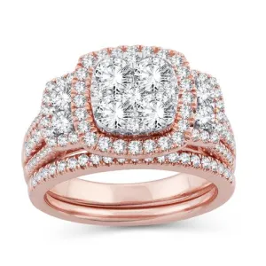 EternalDia 2.00 CT WT Diamond Cluster Cushion Halo Bridal Set 14kt Rose Gold (IJ/I2I3)