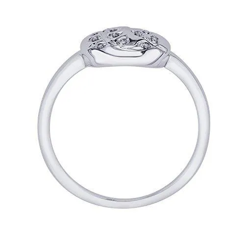EternalDia IGI Certified Diamond Accent Vine Leaf Engraved Circle Disc Fashion Ring in 10K White Gold (0.04 Cttw)