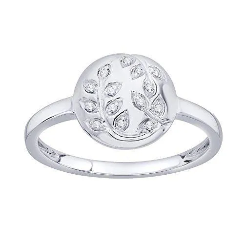 EternalDia IGI Certified Diamond Accent Vine Leaf Engraved Circle Disc Fashion Ring in 10K White Gold (0.04 Cttw)