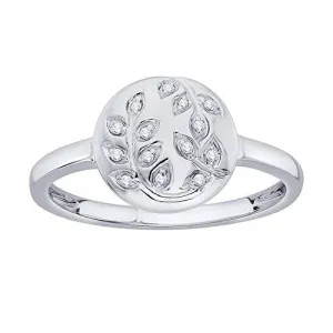 EternalDia IGI Certified Diamond Accent Vine Leaf Engraved Circle Disc Fashion Ring in 10K White Gold (0.04 Cttw)
