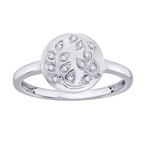 EternalDia IGI Certified Diamond Accent Vine Leaf Engraved Circle Disc Fashion Ring in 10K White Gold (0.04 Cttw)