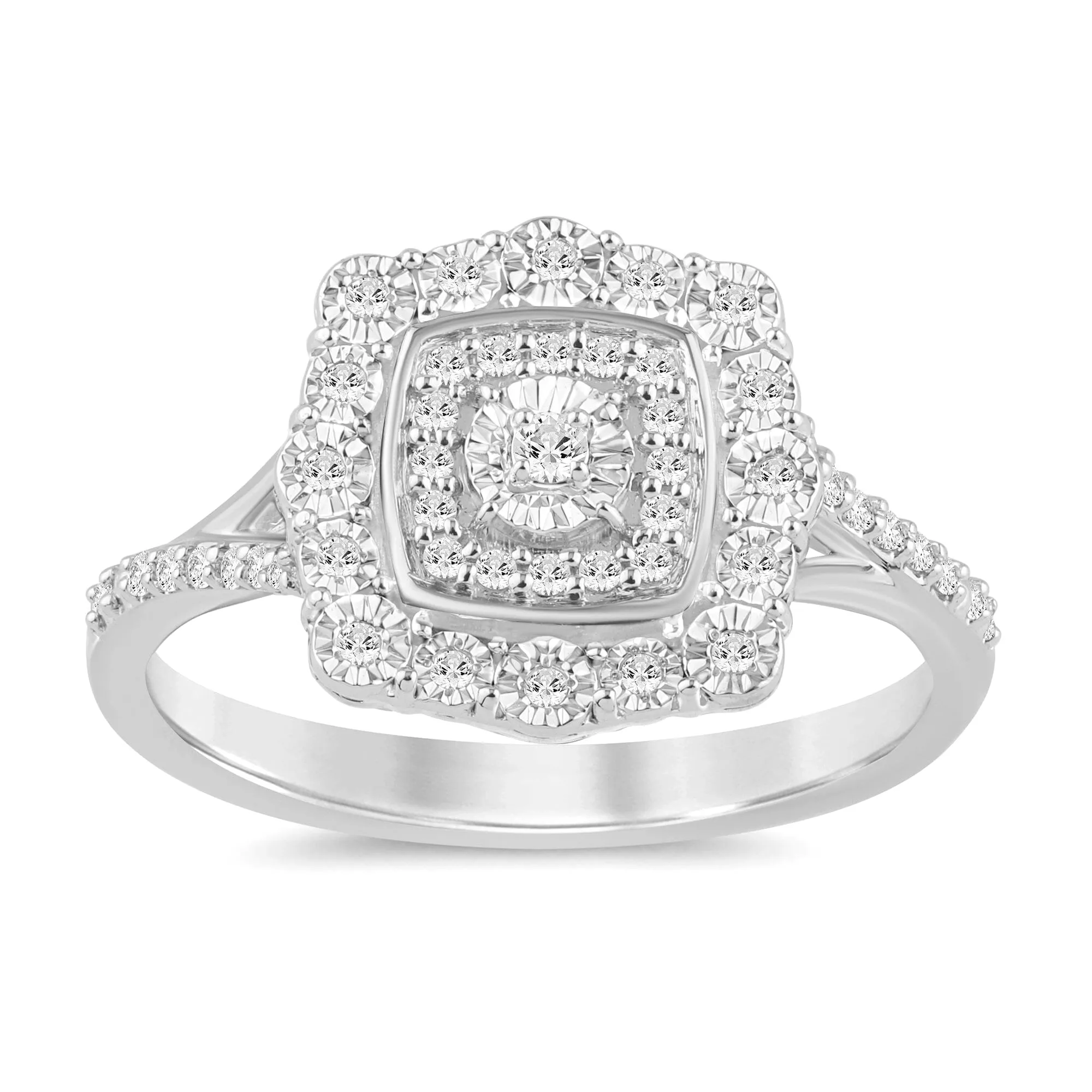 Fancy Miracle Halo Cushion Shaped Ring with 0.16ct Diamonds in 9ct White Gold