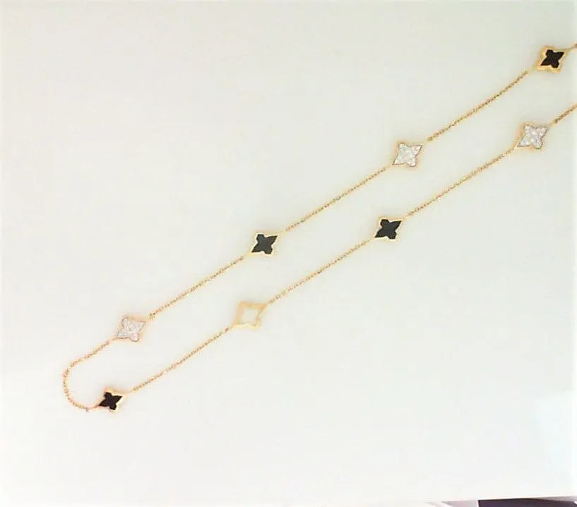 Farah Khan 18K Yellow Gold 36" Diamond Black and White Ceramic Monogram Station Necklace