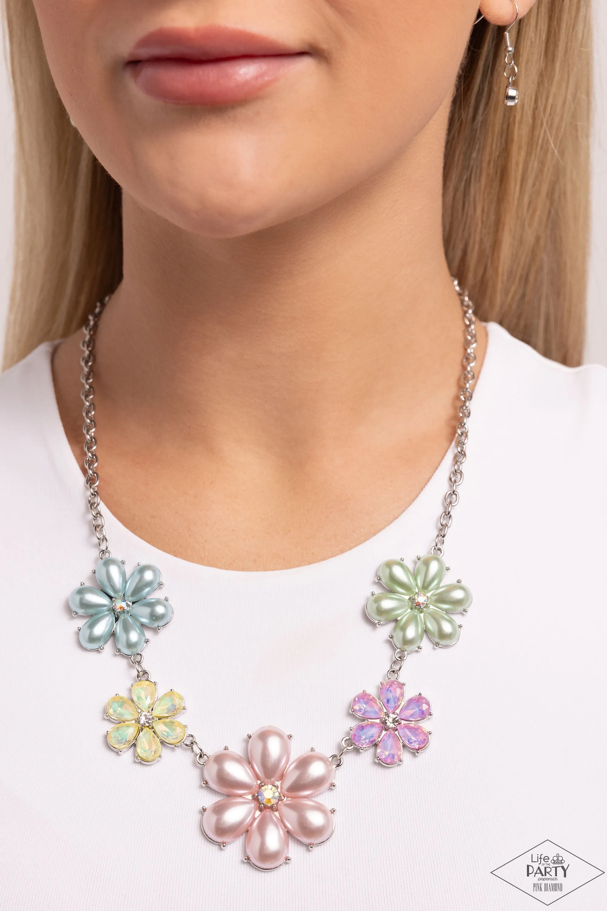 Fiercely Flowering - Multi - Pearl and UV Gem Flower Paparazzi Short Necklace - Pink Diamond Exclusive