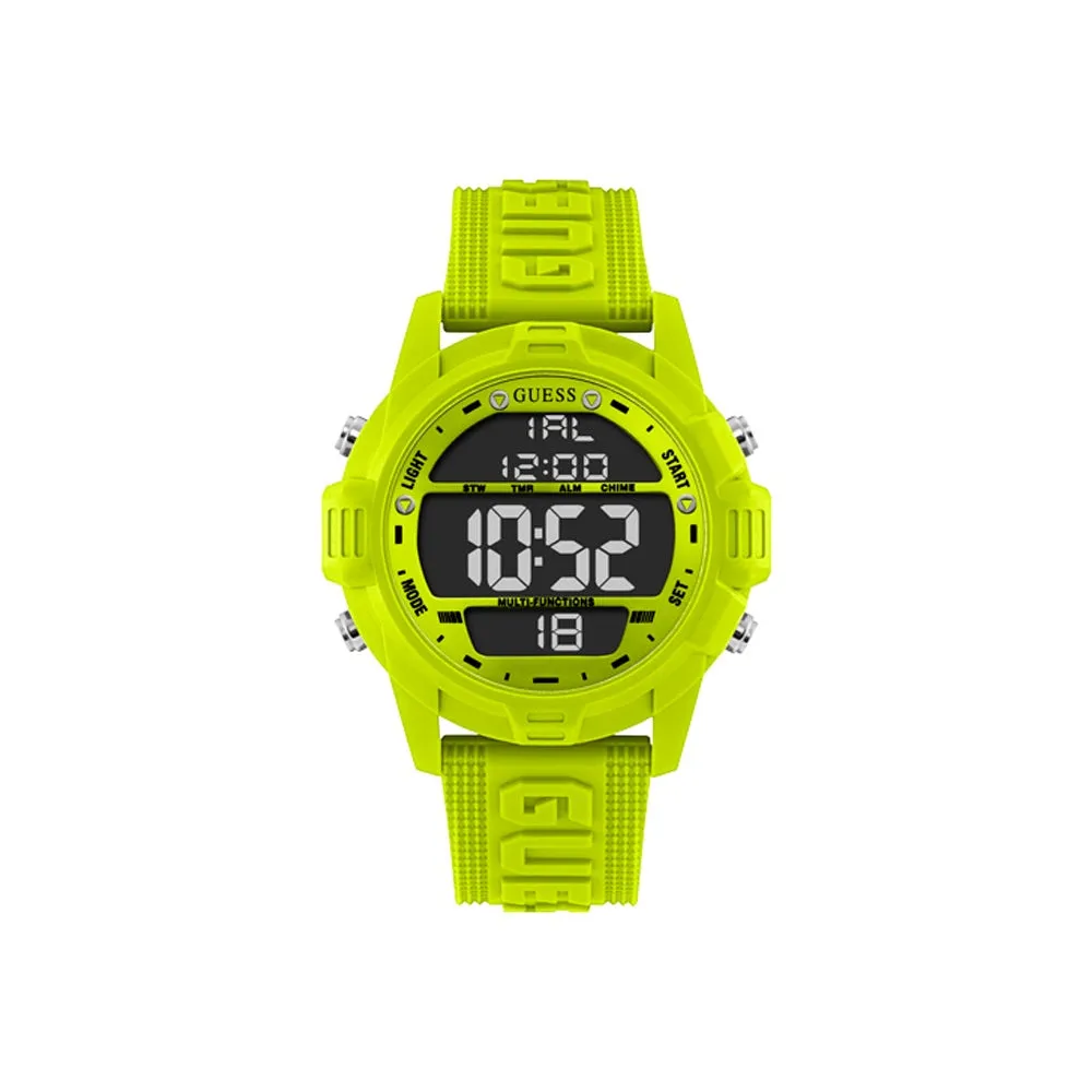 Guess Digital Watch Green Plastic Case With Black Digital Dial And Green Guess Logo Silicone Strap