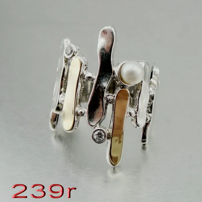 Hadar Designers 9k Yellow Gold 925 Silver Pearl Zircon Ring, Handmade (Ms