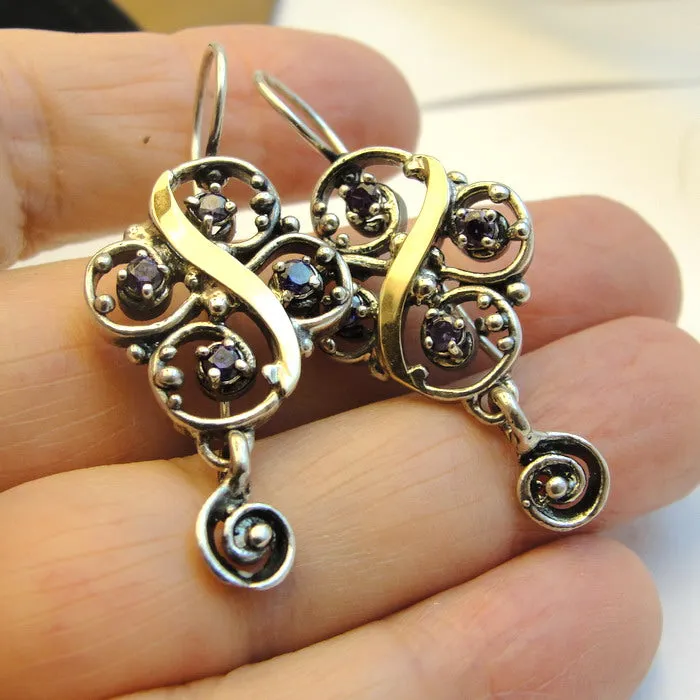 Hadar Designers Amethyst CZ Earrings 9k Yellow Gold 925 Silver Handmade () Last