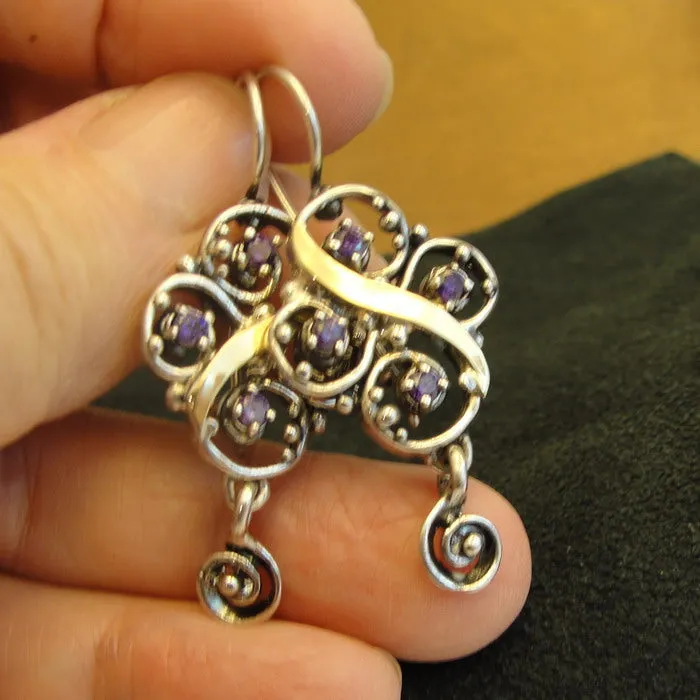 Hadar Designers Amethyst CZ Earrings 9k Yellow Gold 925 Silver Handmade () Last