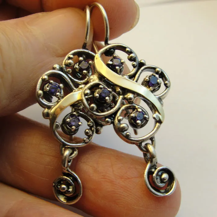 Hadar Designers Amethyst CZ Earrings 9k Yellow Gold 925 Silver Handmade () Last