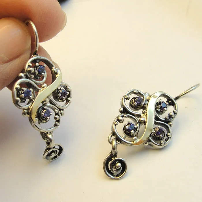 Hadar Designers Amethyst CZ Earrings 9k Yellow Gold 925 Silver Handmade () Last